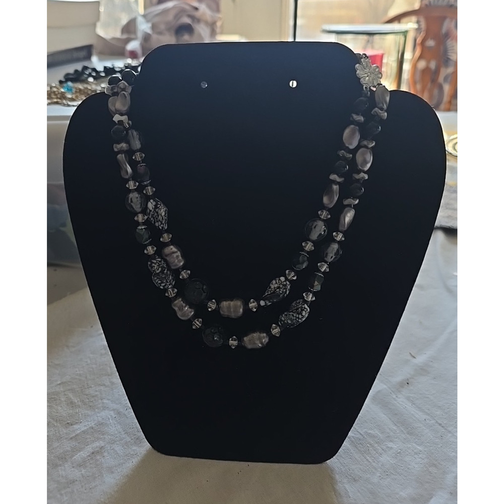 Vtg Black Stone Beaded Crystal 2-Strand Statement Fashion Necklace Jewelry
